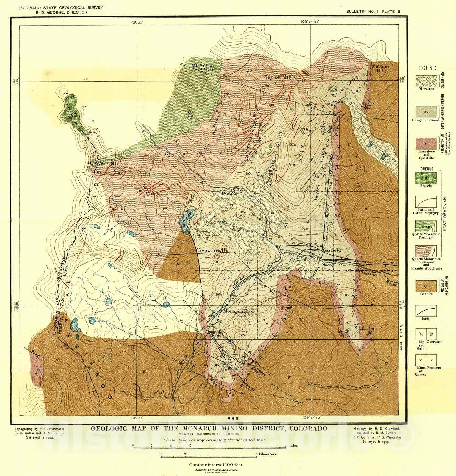 Historic Map : 1909 Geologic Map of the Monarch Mining District of Colorado : Vintage Wall Art