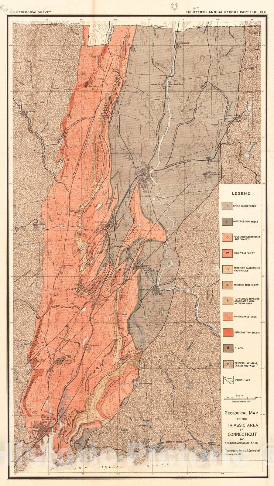 Historic Map : 1897 Geological Map of the Triassic Area of Connecticut : Vintage Wall Art