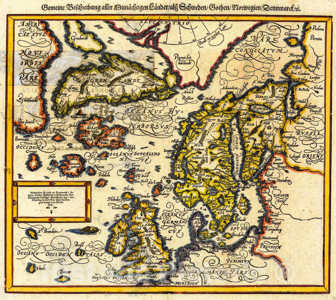 Historic Map : 1628 Gemeine Beschreibung aller Mitnachtigen Lander alsz Schweden, Gothen, Norwegien Denmark : Vintage Wall Art