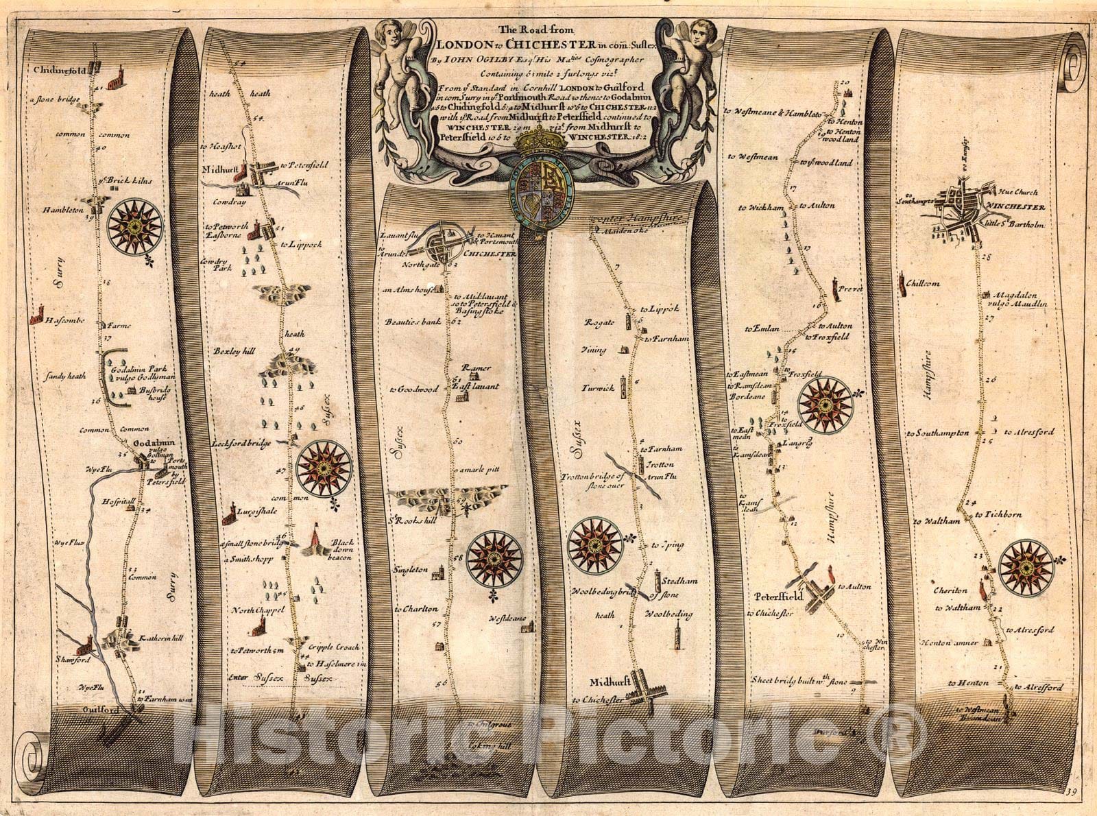 Historic Map : 1675 The Road from London to Chichester : Vintage Wall Art