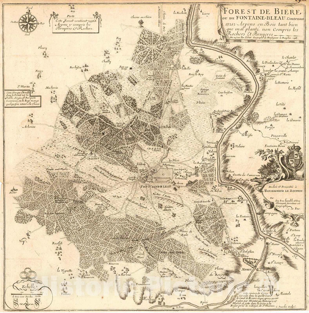 Historic Map : 1705 Forest de Biere ou de Fontaine - Bleau Continent : Vintage Wall Art