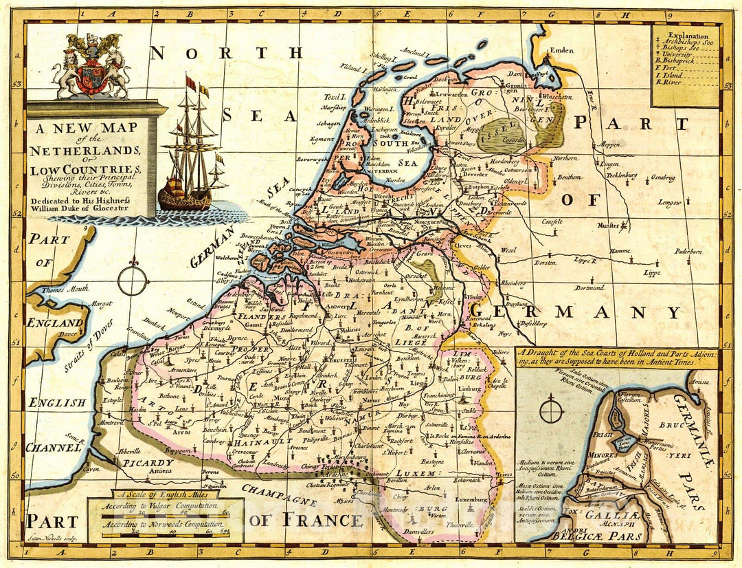 Historic Map : 1718 A New Map of the Netherlands or Low Countries : Vintage Wall Art