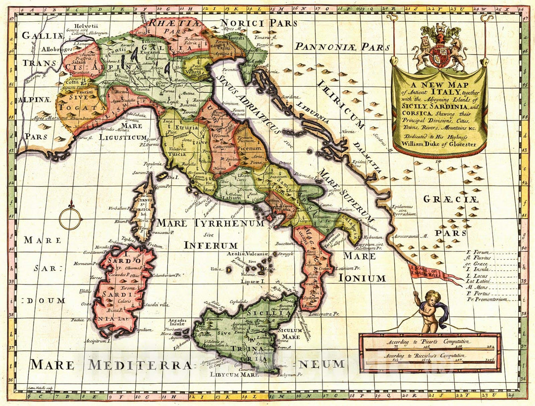 Historic Map : 1718 A New Map of Antient Italy, together with the Adjoyning Islands of Sicily, Sardinia, and Corsica : Vintage Wall Art