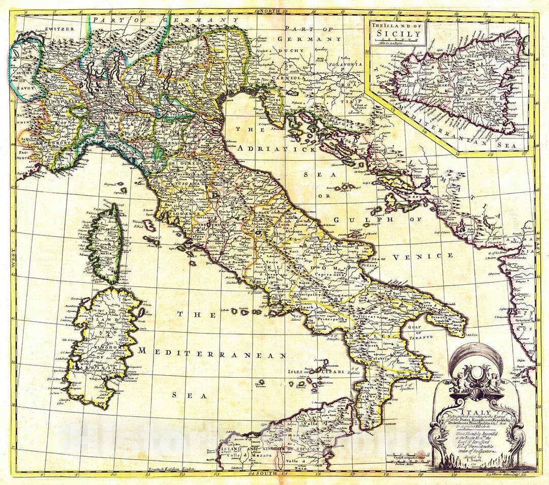 Historic Map : 1721 Italy: Distinguised According to the Extent of all the States : Vintage Wall Art