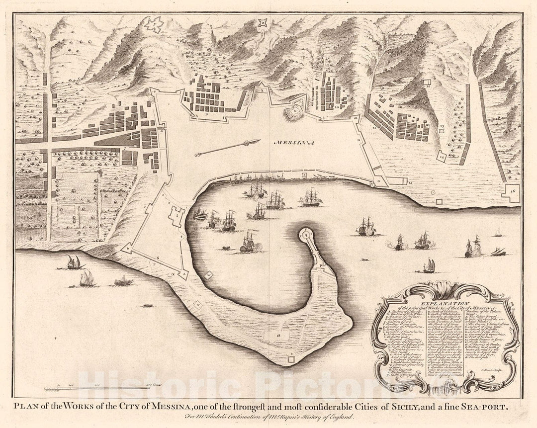 Historic Map : 1747 Plan of the Works of the City of Messina, One of the Strongest and Most Considerable Cities of Sicily, and a Fine Sea-Port : Vintage Wall Art