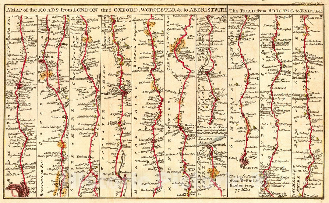 Historic Map : 1765 A Map of the Roads from London thro Oxford, Worchester to Aberistwith [and] The Road from Bristol to Exeter : Vintage Wall Art