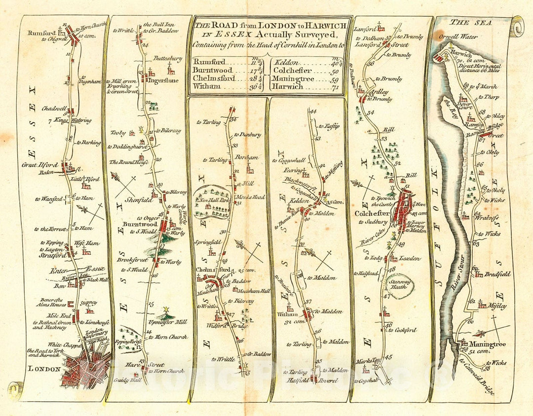 Historic Map : 1765 The Road from London to Harwich in Essex : Vintage Wall Art