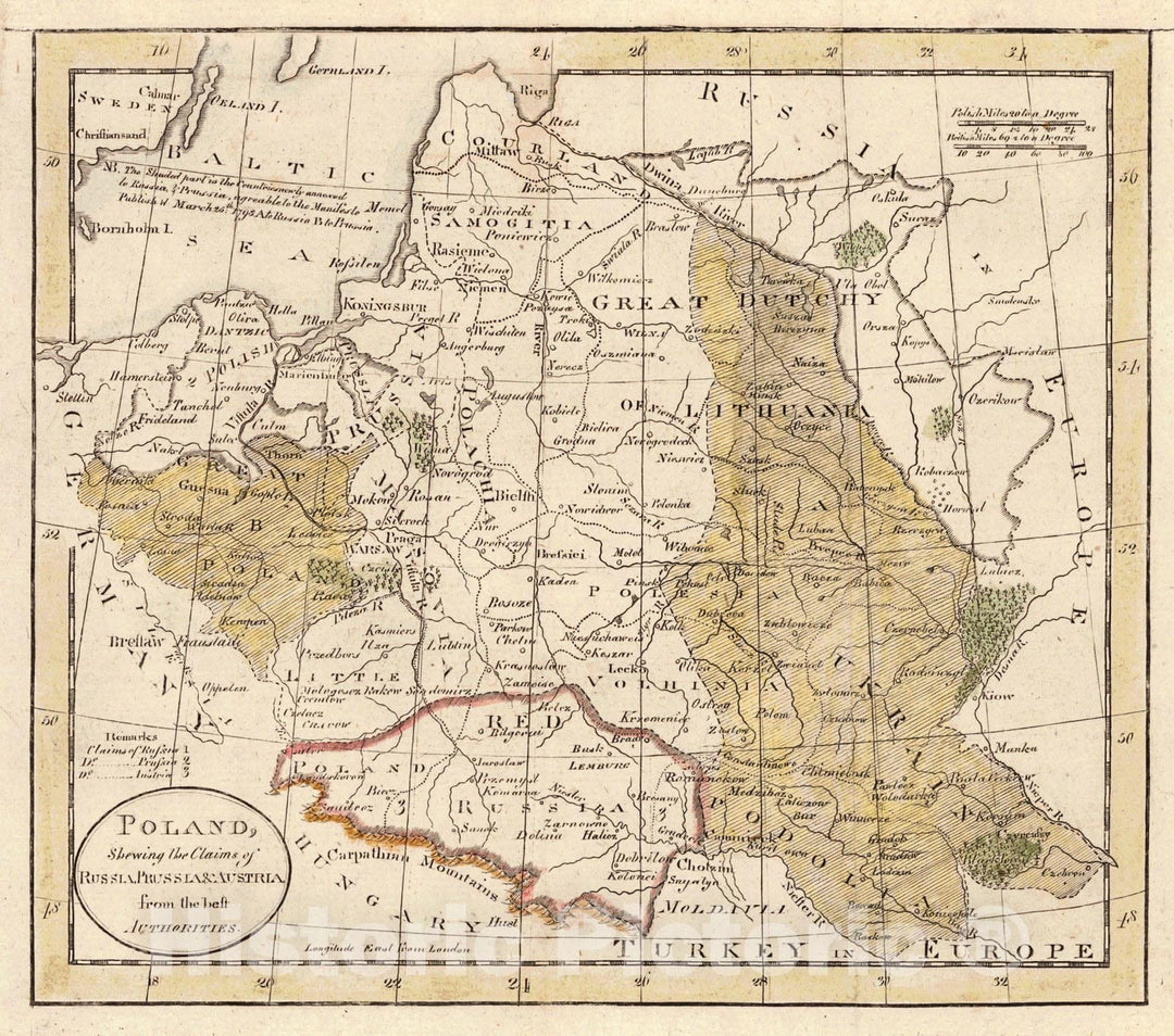 Historic Map : 1780 Poland, Showing the Claims of Russia, Prussia & Austria from the best Authorities : Vintage Wall Art