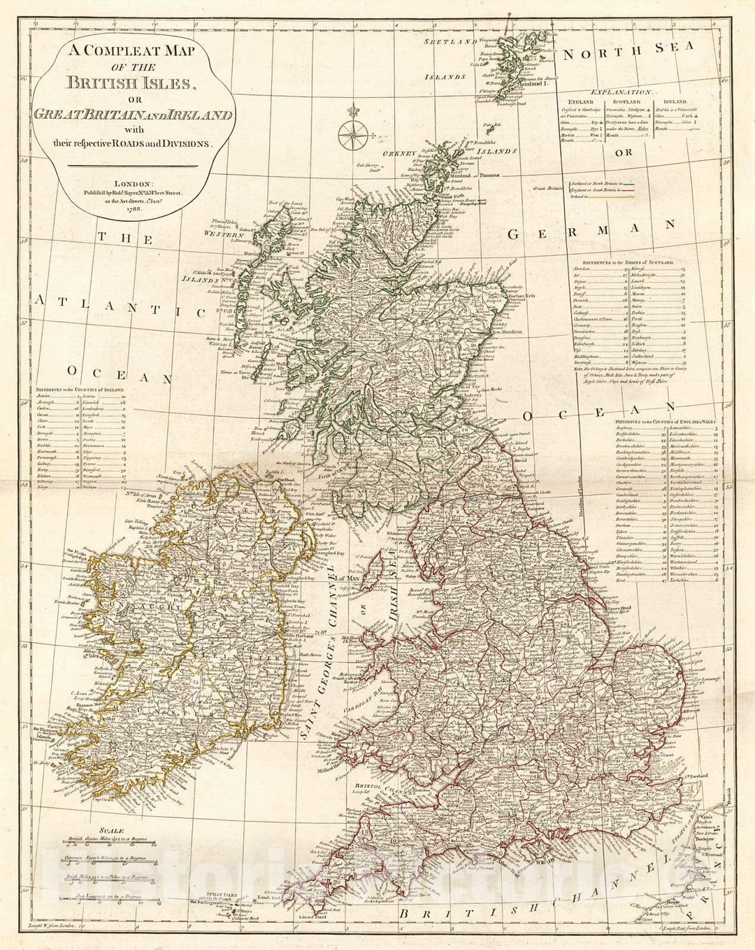 Historic Map : 1788 A Compleat Map of the British Isles, or Great Britian and Ireland with their respective Roads and Divisions : Vintage Wall Art