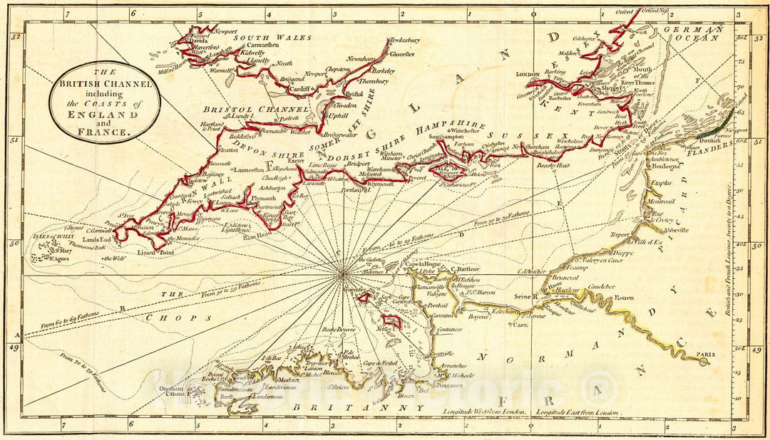 Historic Map : 1790 The British Channel including the Coast of England and France : Vintage Wall Art