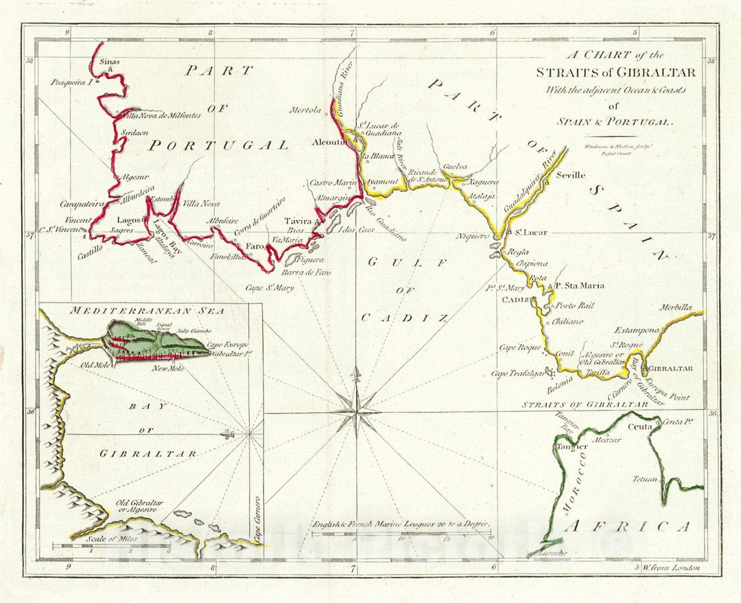 Historic Map : 1790 A Chart of the Straits of Gibraltar with the Adjacent Oceans & Coast of Spain and Portugal : Vintage Wall Art