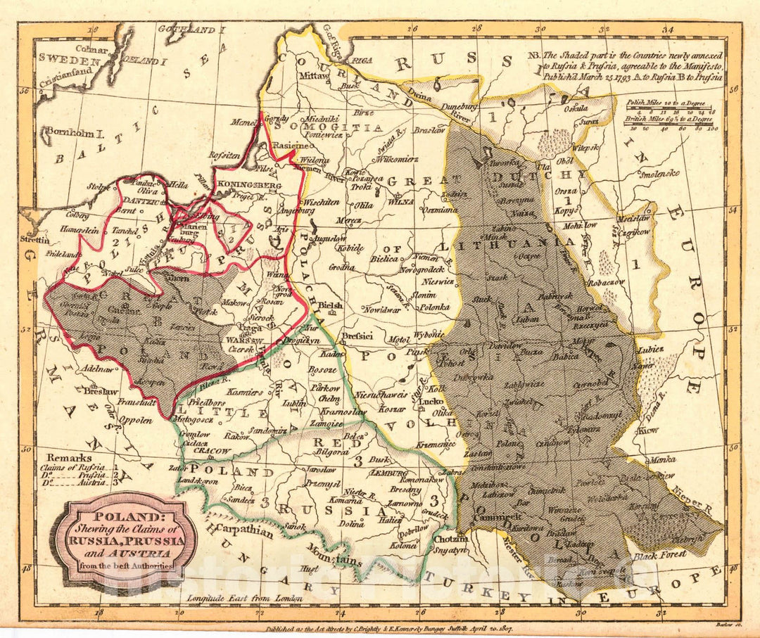 Historic Map : 1807 Poland: Showing the Claims of Russia, Prussia and Austria from the best Authorities : Vintage Wall Art