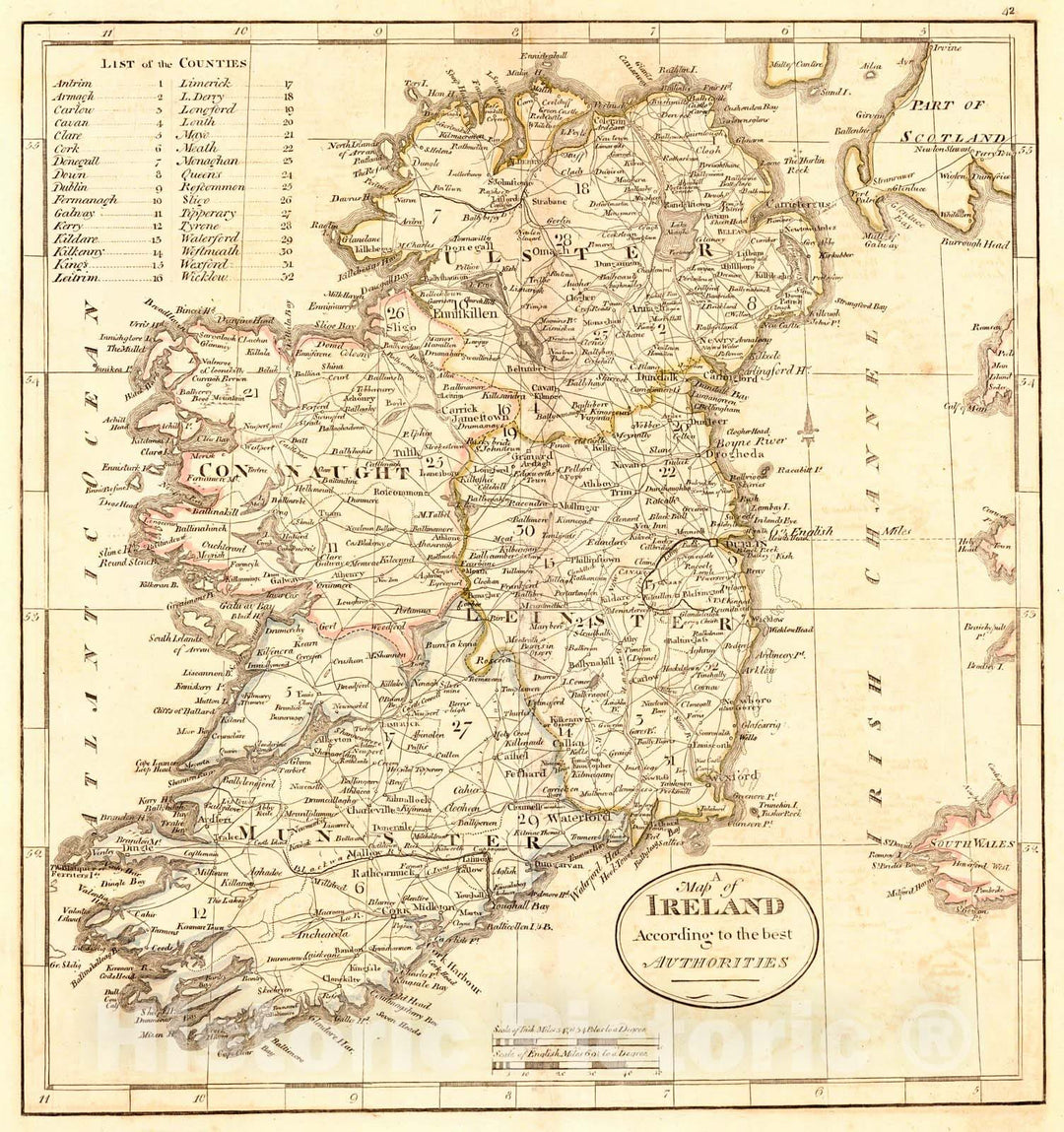 Historic Map : 1814  A Map of Ireland According to the Best Authorities : Vintage Wall Art