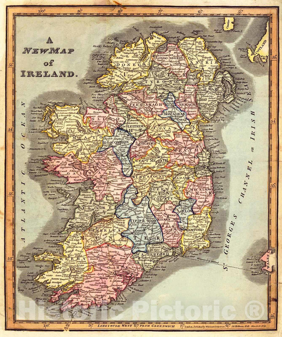 Historic Map : 1820 A New Map of Ireland : Vintage Wall Art