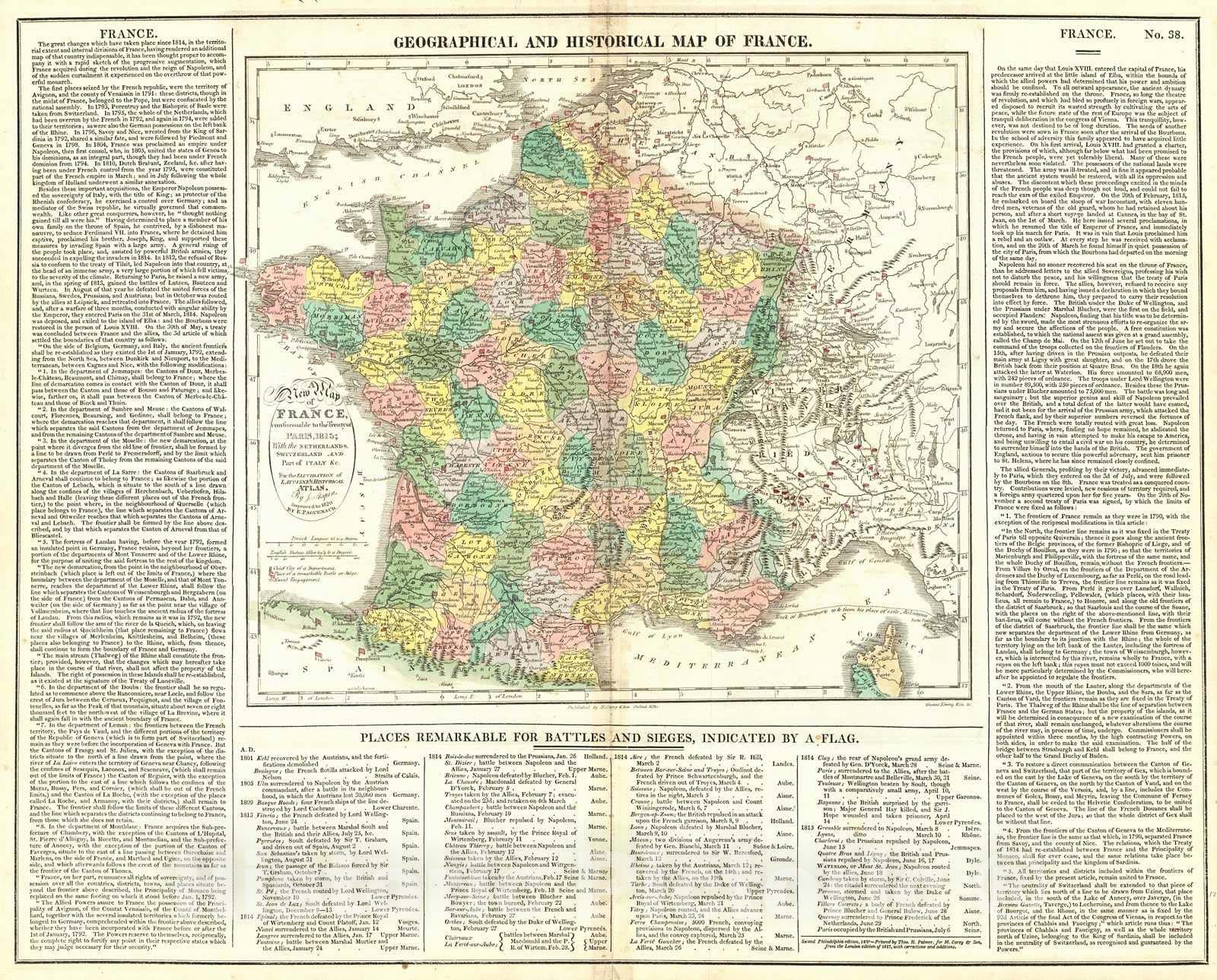 Historic Map : 1820 A New Map of France conformable to the Treaty of Paris, 1815; With the Netherlands, Switzerland and part of Italy : Vintage Wall Art