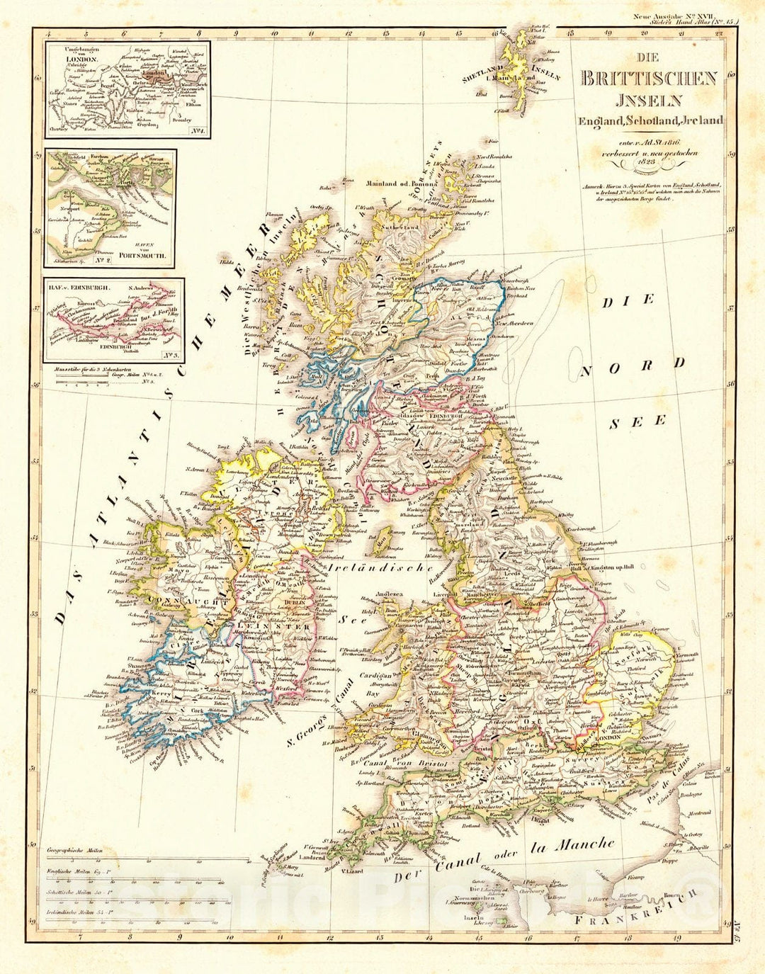 Historic Map : 1823 Die Brittischen Inseln (England, Schotland, Ireland) : Vintage Wall Art