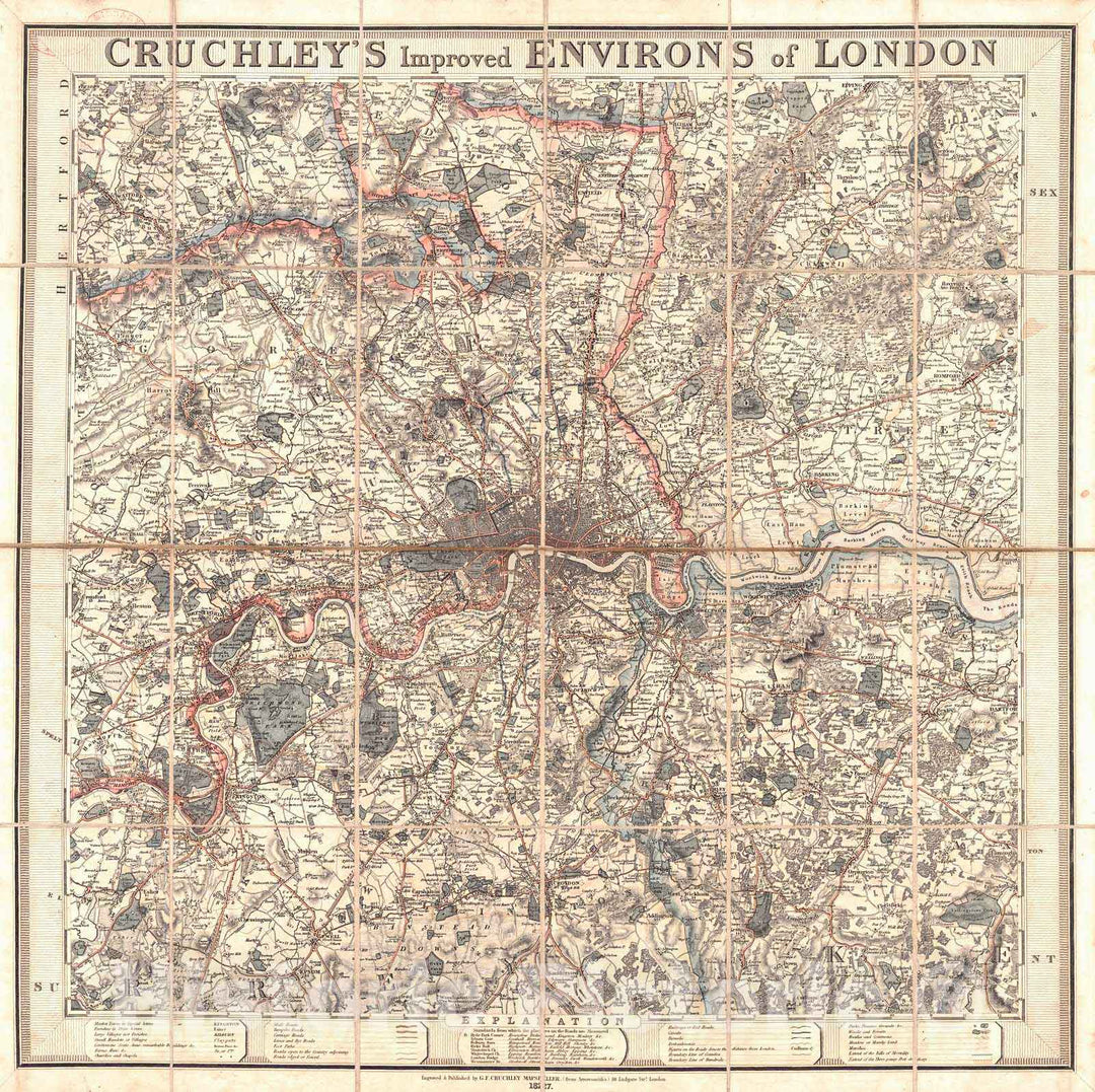 Historic Map : 1827 Cruchley's New and Improved Map of the Environs of London : Vintage Wall Art