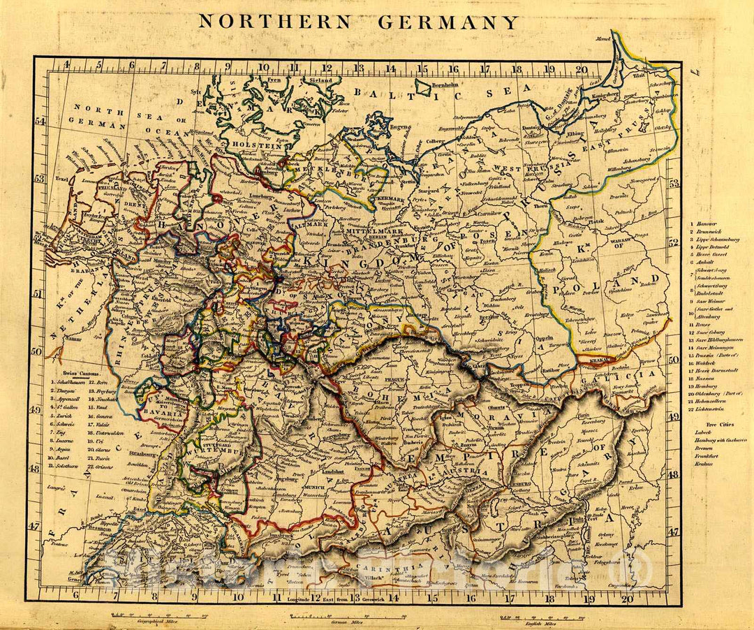 Historic Map : Northern Germany 1828 Hand Colored Cartographer: A Arrowsmith :  Atlas of Ancient and Modern Geography : Vintage Wall Art