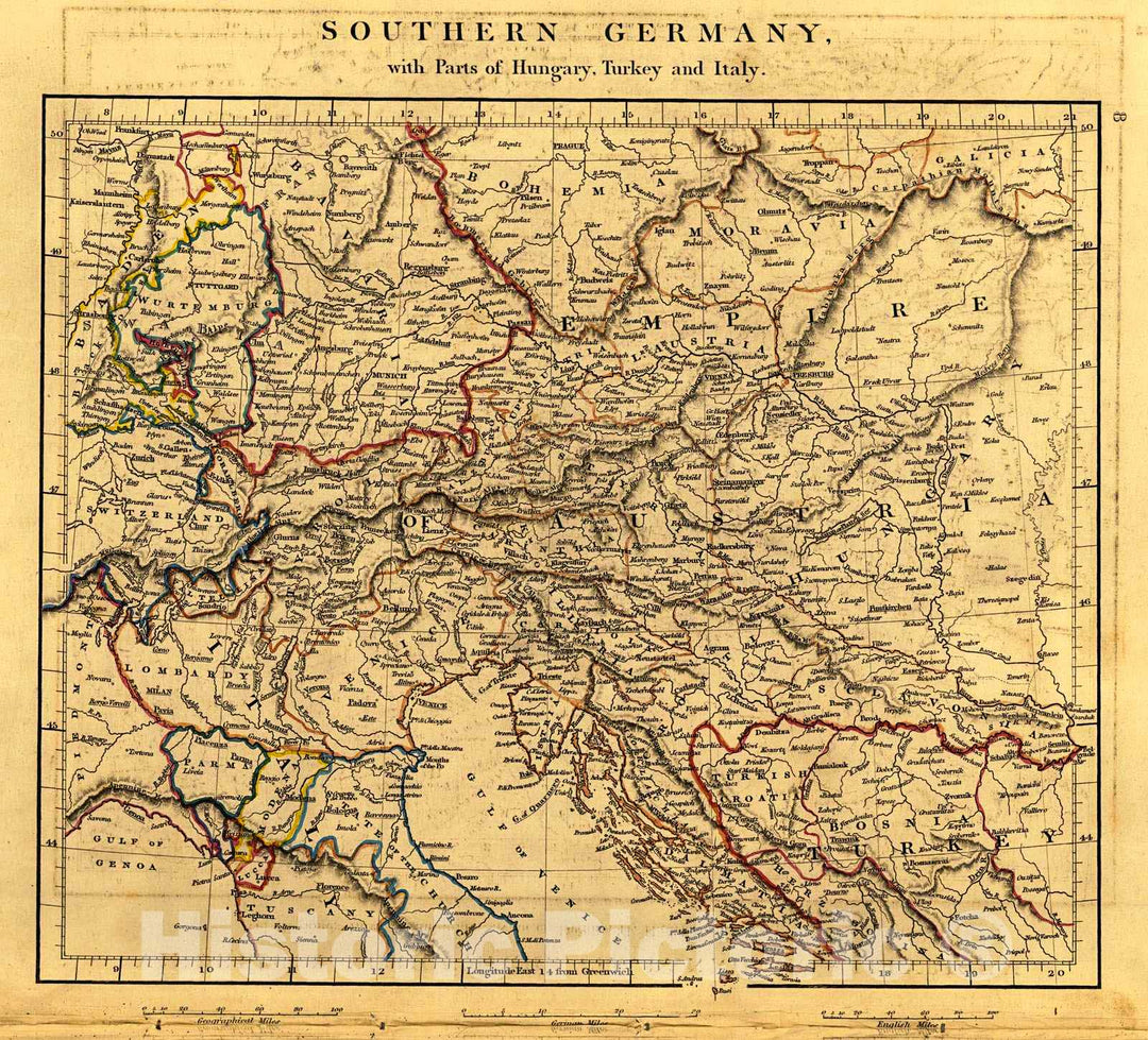 Historic Map : Southern Germany 1828 Hand Colored Cartographer: A Arrowsmith :  Atlas of Ancient and Modern Geography : Vintage Wall Art