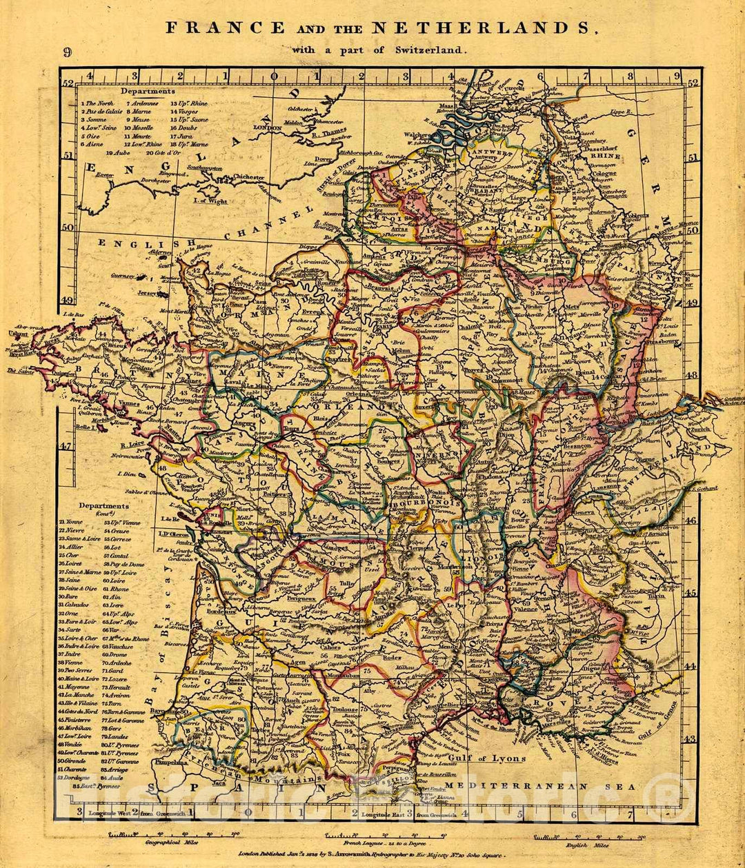 Historic Map : France and the Netherlands 1828 Hand Colored Cartographer: A Arrowsmith :  Atlas of Ancient and Modern Geography : Vintage Wall Art