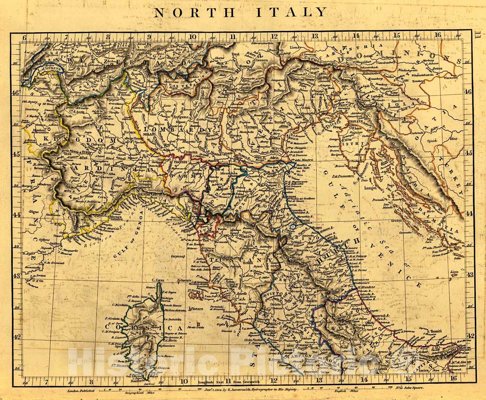 Historic Map : North Italy 1828 Hand Colored Cartographer: A Arrowsmith :  Atlas of Ancient and Modern Geography : Vintage Wall Art