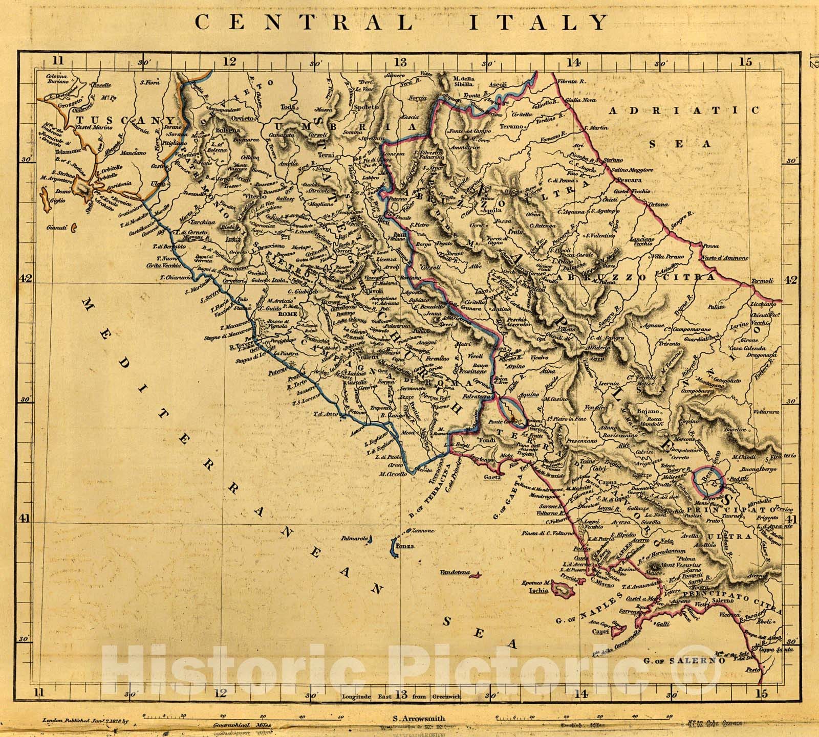 Historic Map : Central Italy 1828 Hand Colored Cartographer: A Arrowsmith :  Atlas of Ancient and Modern Geography : Vintage Wall Art