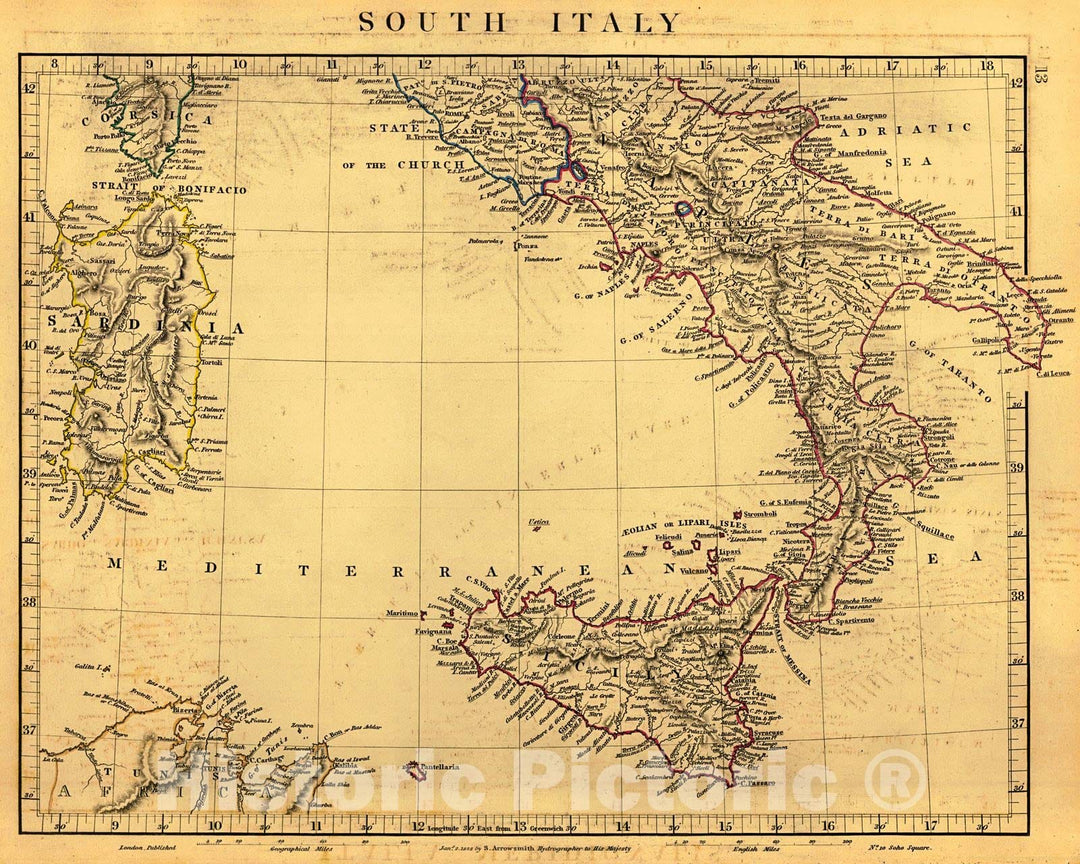 Historic Map : South Italy 1828 Hand Colored Cartographer: A Arrowsmith :  Atlas of Ancient and Modern Geography : Vintage Wall Art