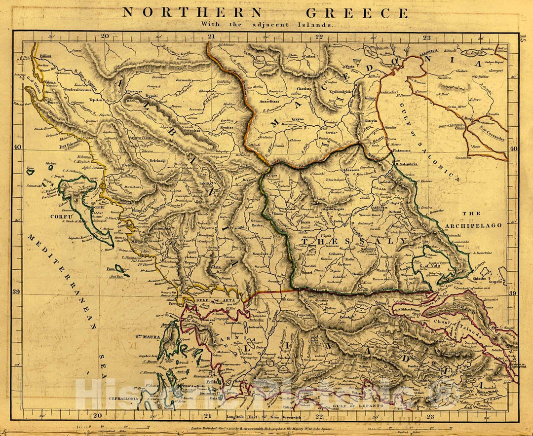 Historic Map : Northern Greece 1828 Hand Colored Cartographer: A Arrowsmith :  Atlas of Ancient and Modern Geography : Vintage Wall Art