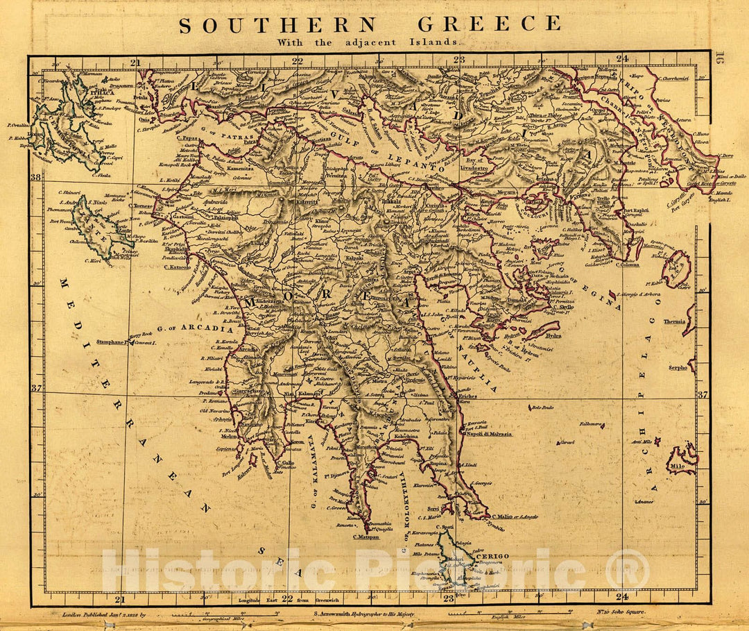 Historic Map : Southern Greece 1828 Hand Colored Cartographer: A Arrowsmith :  Atlas of Ancient and Modern Geography : Vintage Wall Art