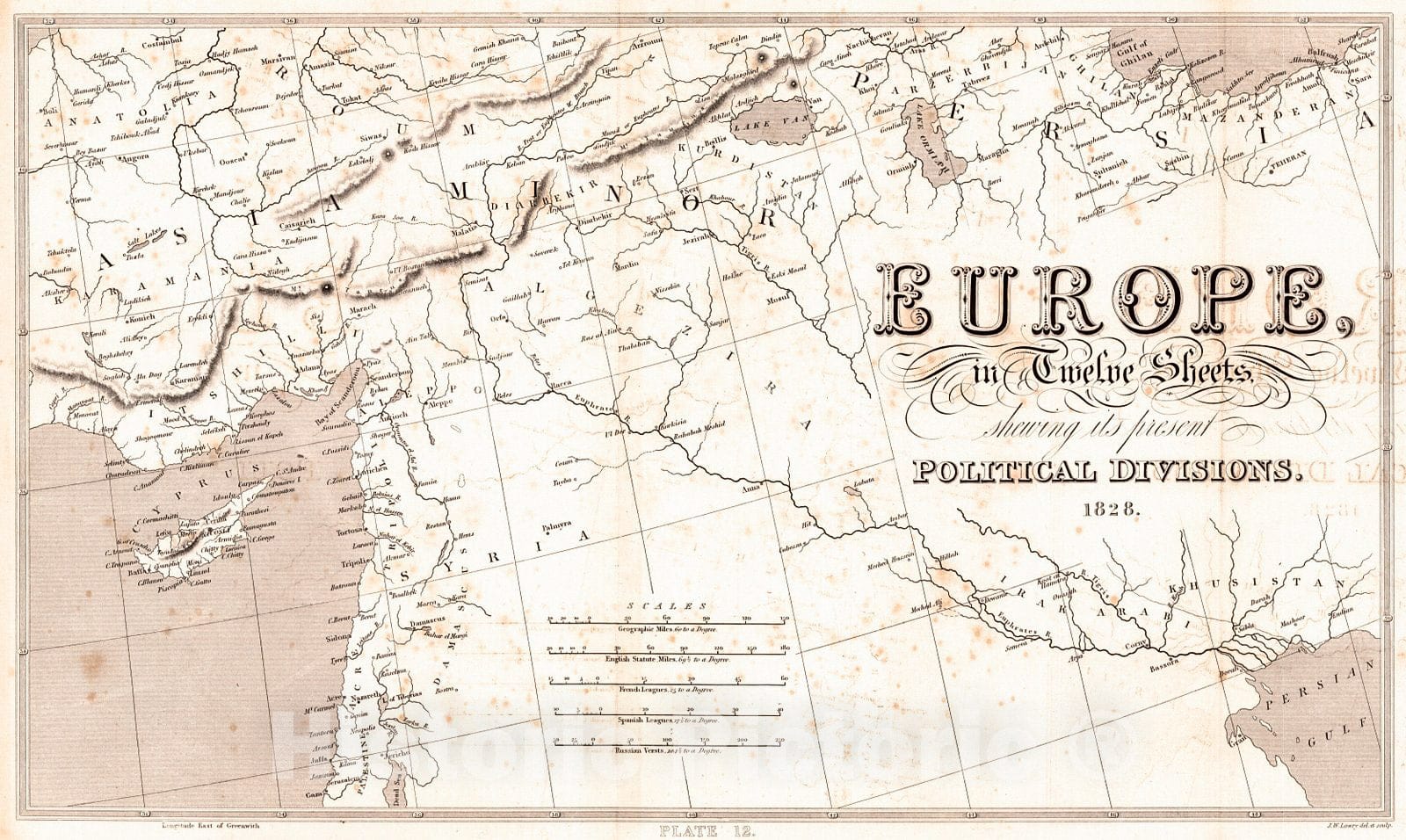 Historic Map : 1828 Europe in Twelve Sheets showing it present Political Divisions, 1828, Plate 12 : Vintage Wall Art