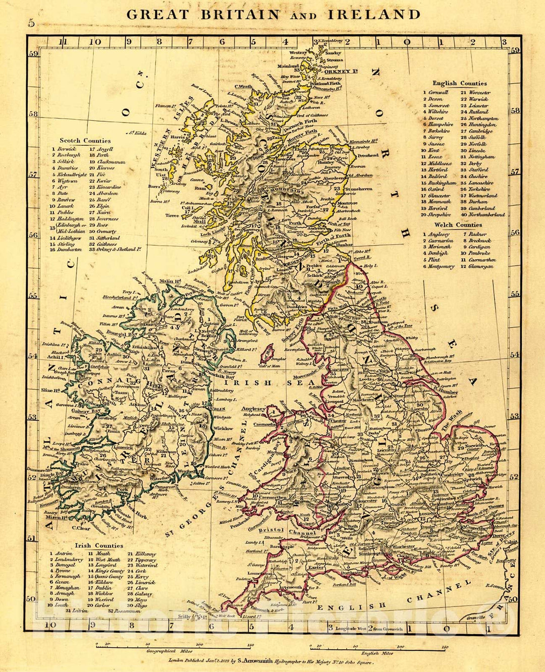 Historic Map : Great Britain and Ireland 1828 Hand Colored Cartographer: A Arrowsmith :  Atlas of Ancient and Modern Geography : Vintage Wall Art