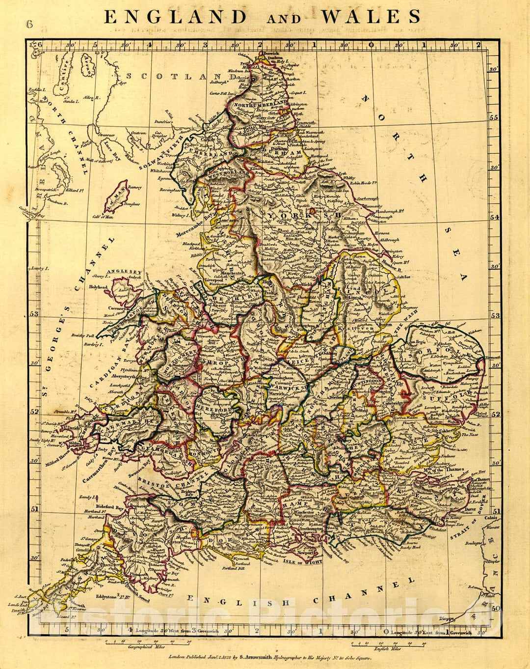 Historic Map : England and Wales 1828 Hand Colored Cartographer: A Arrowsmith :  Atlas of Ancient and Modern Geography : Vintage Wall Art