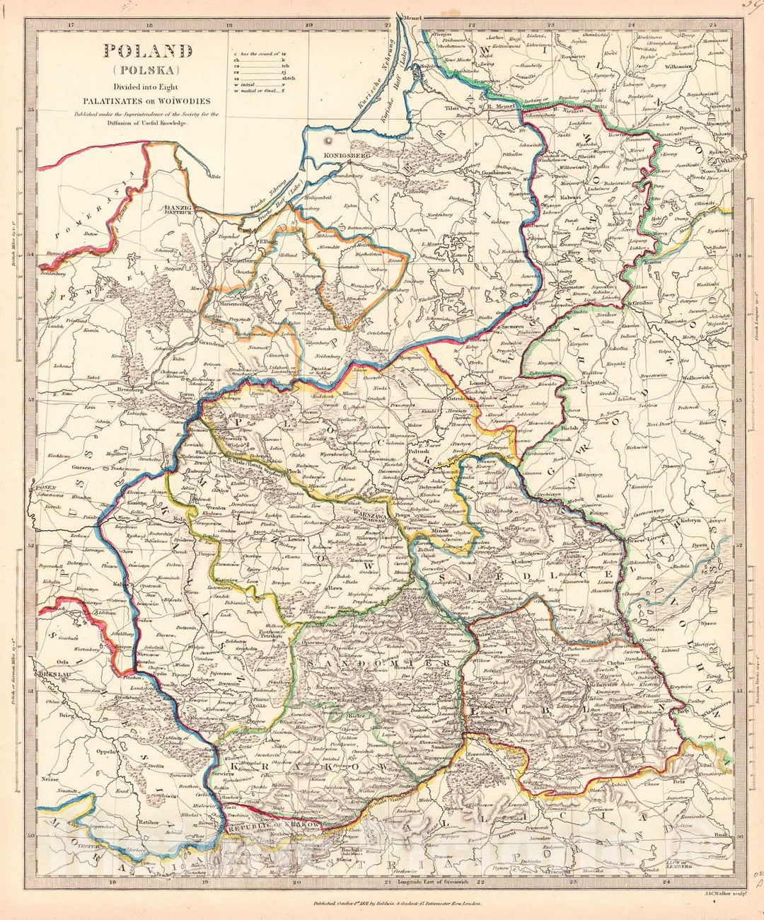 Historic Map : 1831 Poland (Polska) Divided into Eight Palatinates or Wo&iuml;wodies : Vintage Wall Art