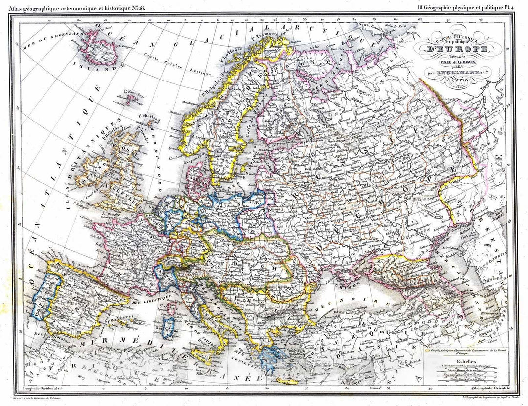 Historic Map : 1832 Carte Physique et politique D'Europe : Vintage Wall Art