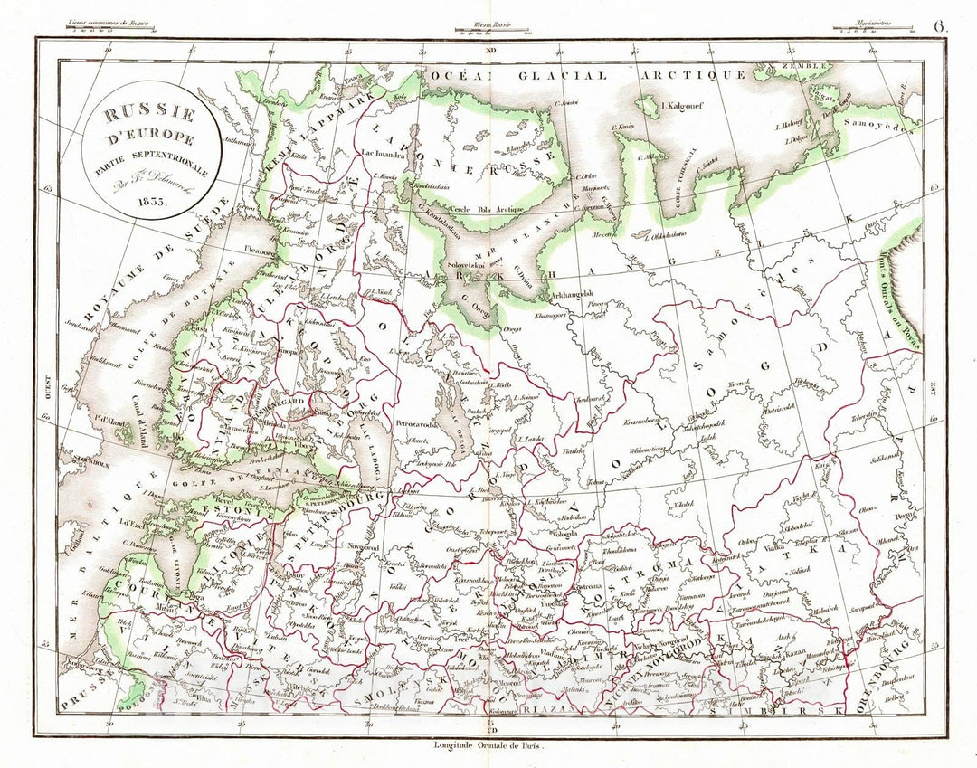 Historic Map : 1834 Russie d'Europe parte Septentrionale : Vintage Wall Art