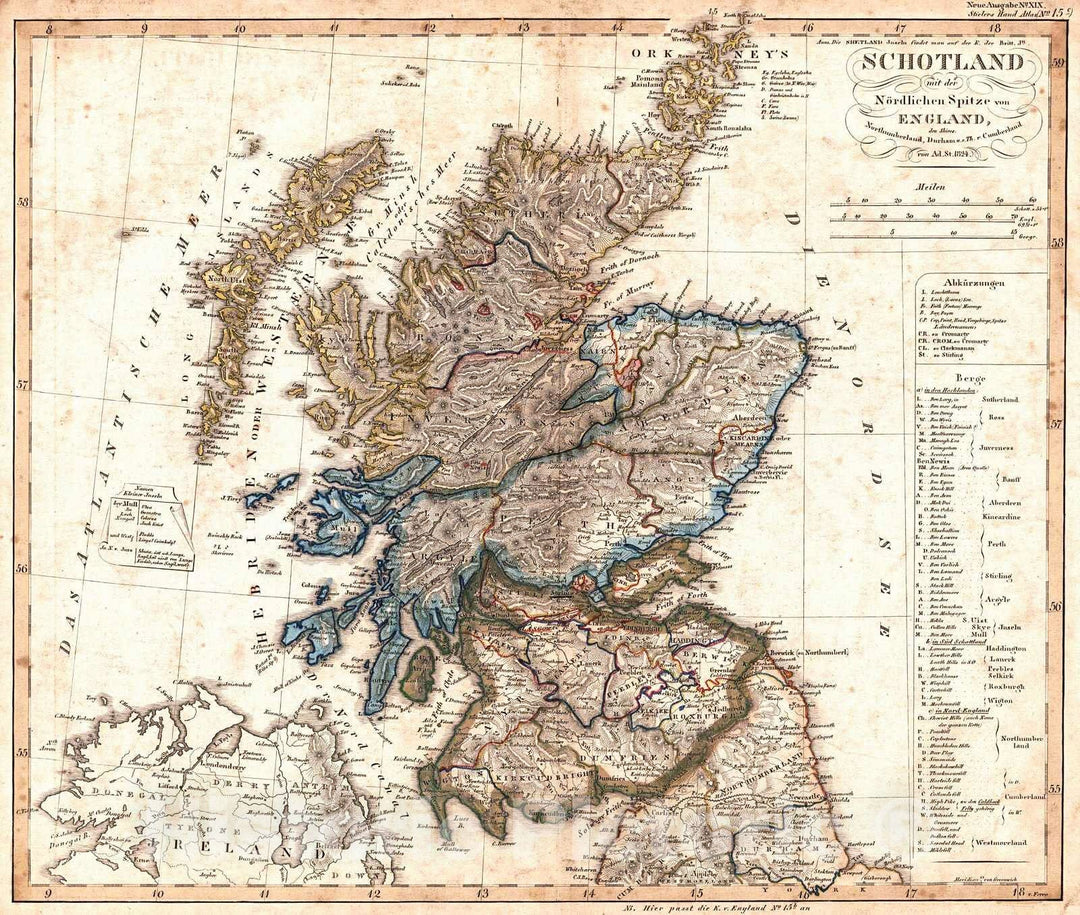 Historic Map : 1839 Schotland mit der Nordlichen Spitze von England, den Shires: Northumberland, Durham u.e. Th. v. Cumberland : Vintage Wall Art