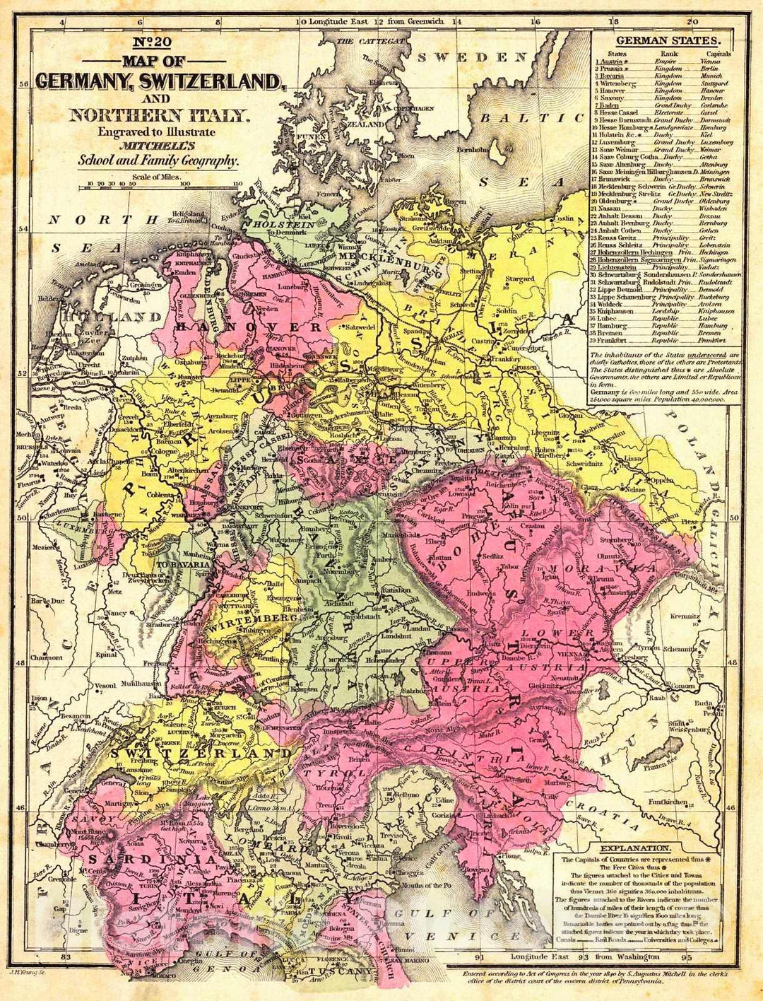 Historic Map : 1840 Map of Germany, Switzerland, and Northern Italy, engraved to illustrate Mitchell's School and Family Geography : Vintage Wall Art