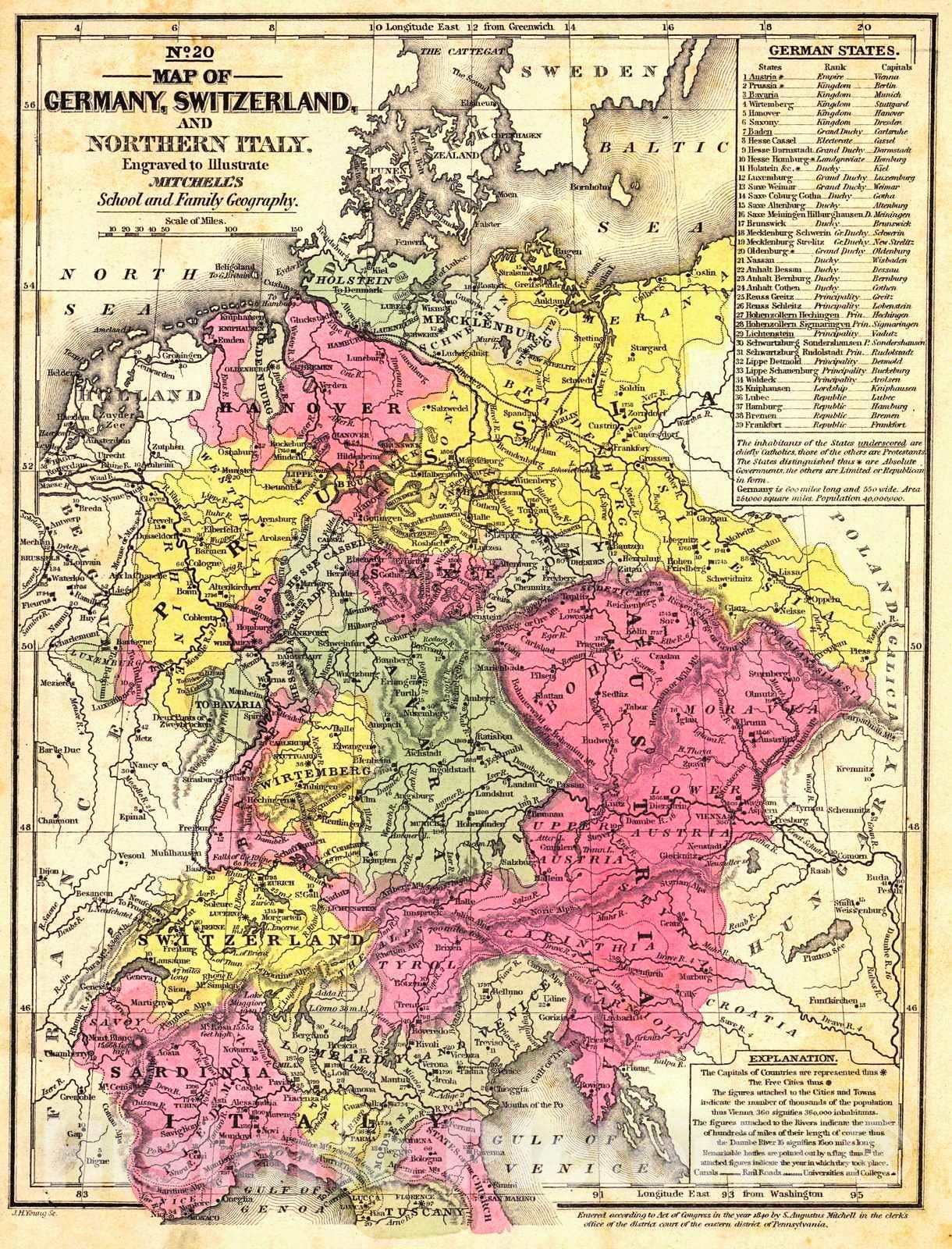 Historic Map : 1840 Map of Germany, Switzerland, and Northern Italy, engraved to illustrate Mitchell's School and Family Geography : Vintage Wall Art