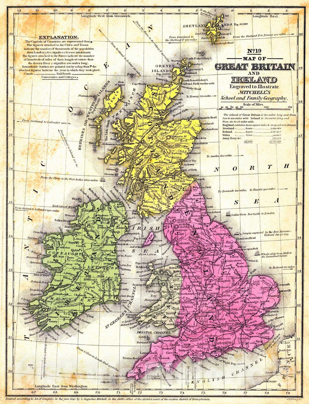 Historic Map : 1840 Map of Great Britain and Ireland, engraved to illustrate  : Vintage Wall Art