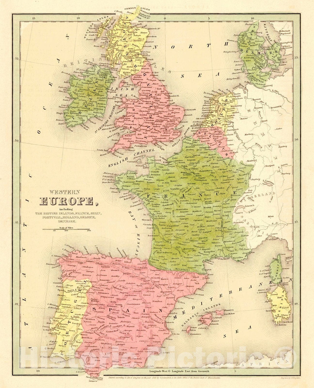 Historic Map : 1841 Western Europe, including The British Islands, France, Spain, Portugal, Holland, Belgium & Denmark : Vintage Wall Art