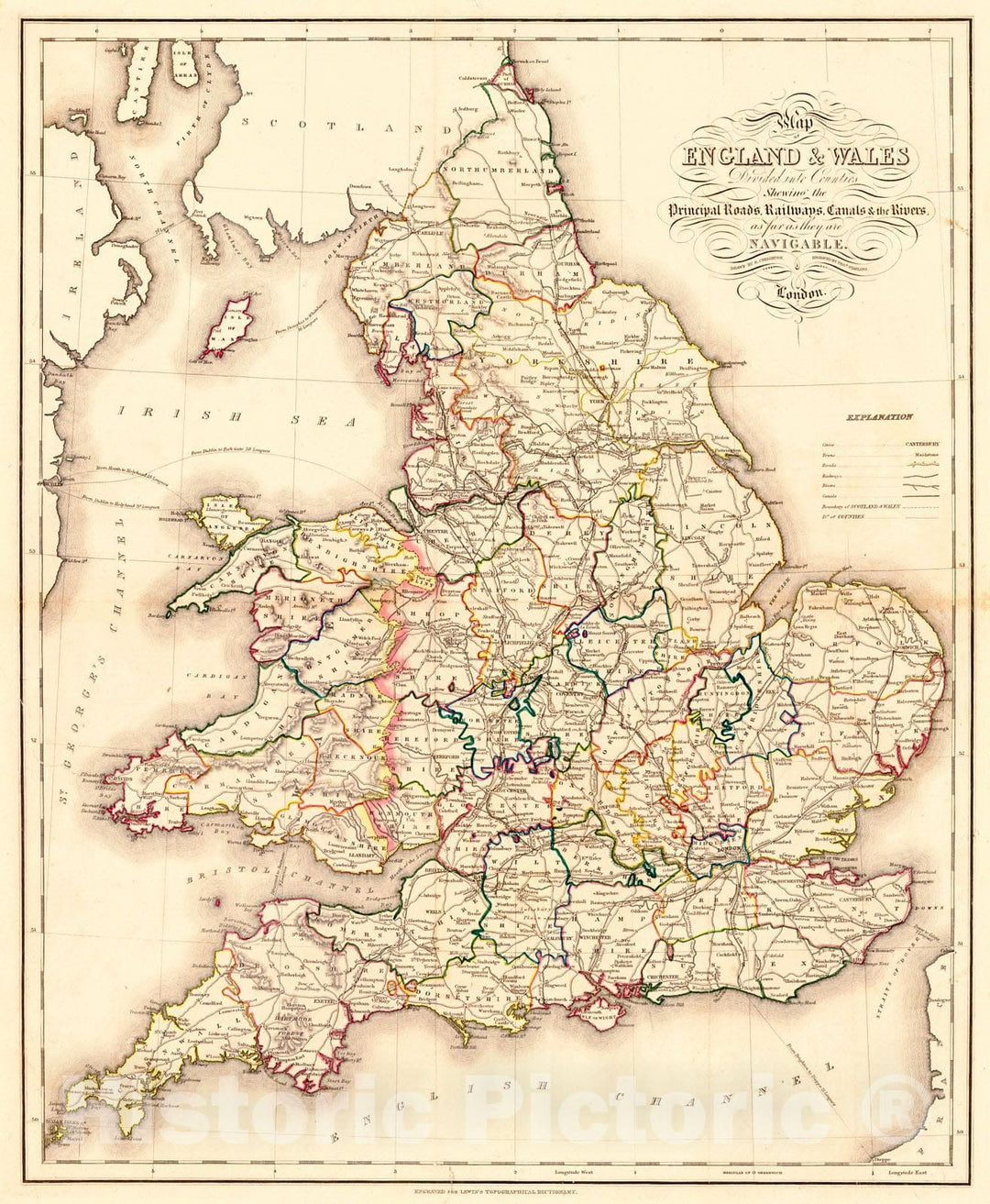 Historic Map : 1842 Map of England & Wales Divided into Counties Showing the Principal Roads, Railways, Canals & the Rivers as far as they are Navigable : Vintage Wall Art