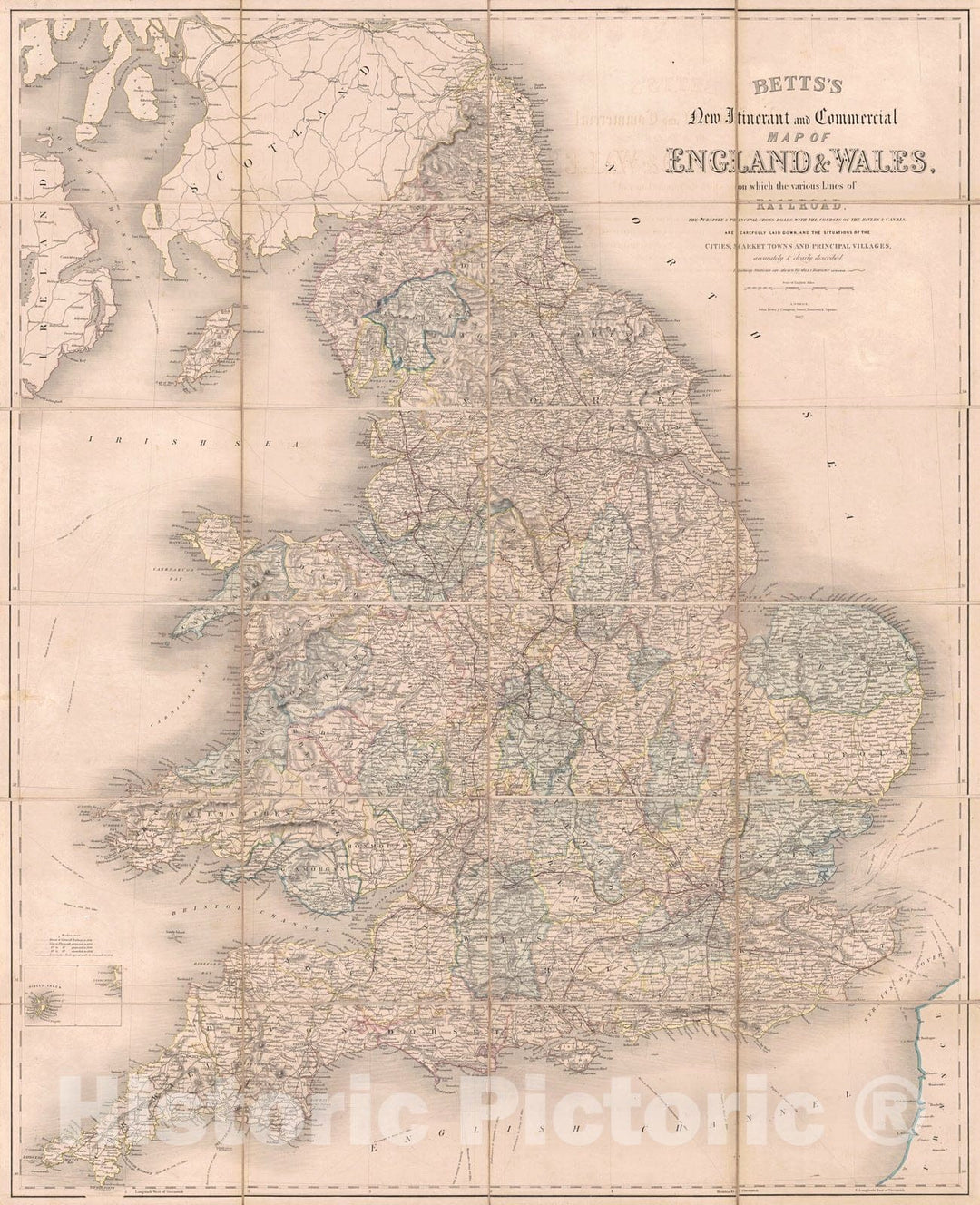 Historic Map : 1842 Betts' New Itinerant and Commercial Map of England and Wales : Vintage Wall Art