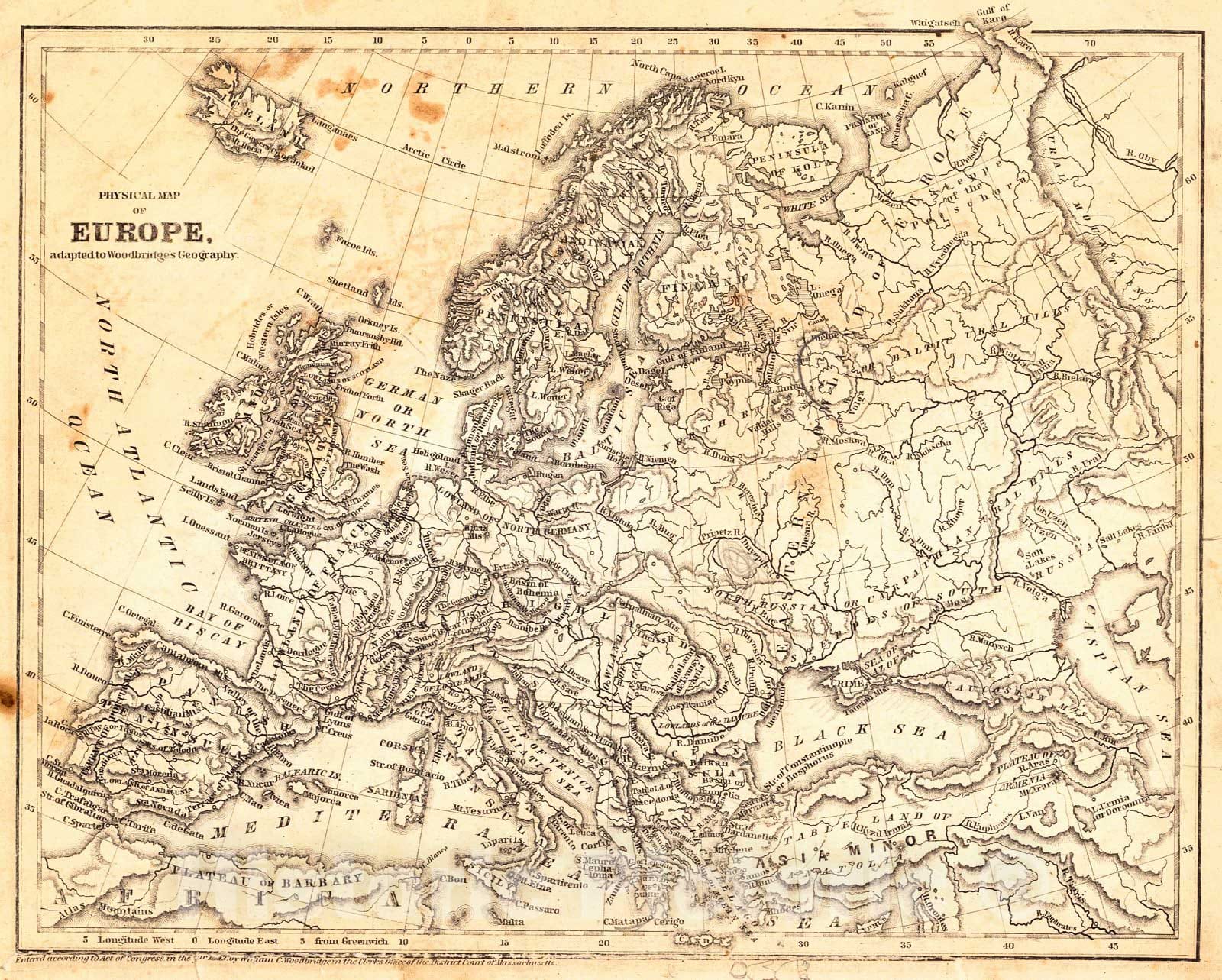 Historic Map : 1843 Physical Map of Europe, adapted to Woodbridge's Geography : Vintage Wall Art