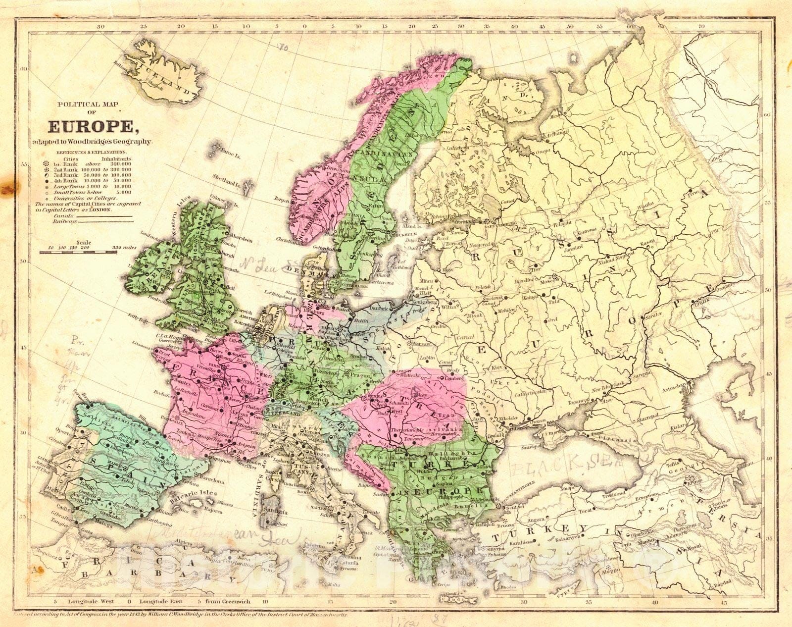 Historic Map : 1843 Political Map of Europe, adapted to Woodbridge's Geography : Vintage Wall Art