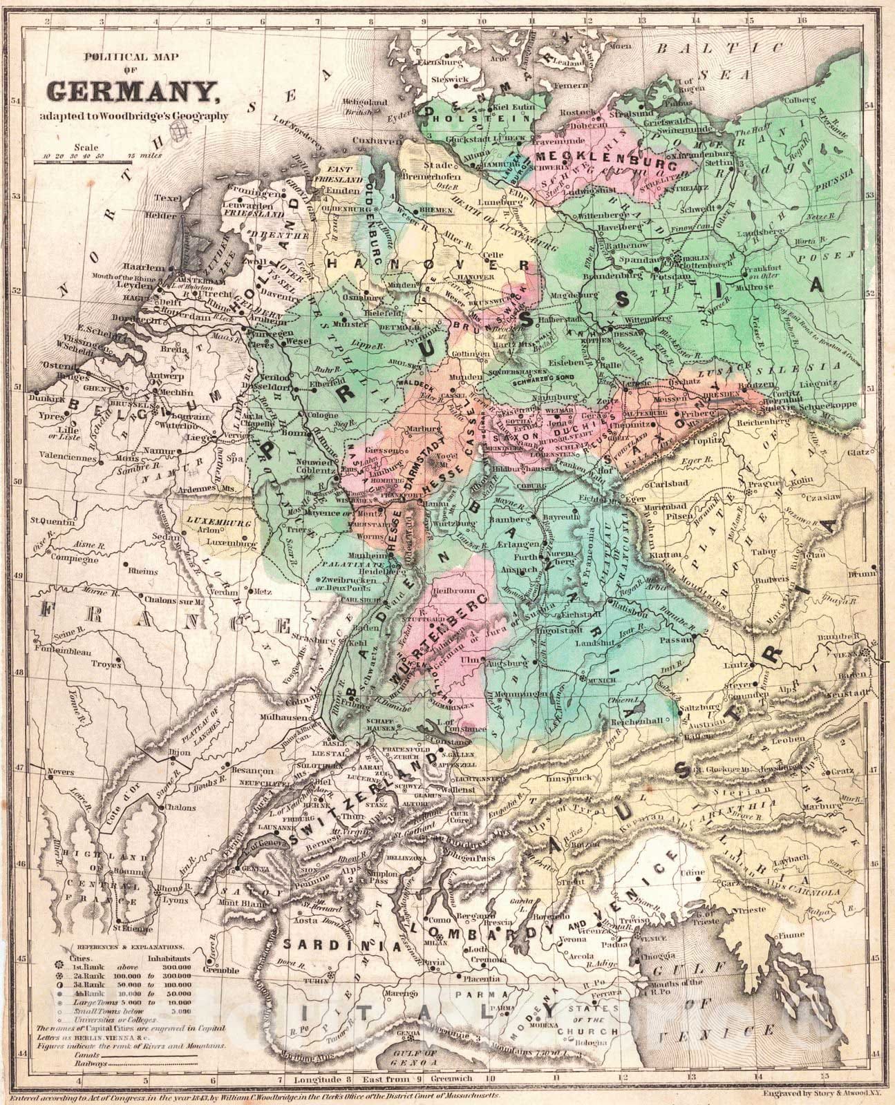 Historic Map : 1843 Political Map of Germany : Vintage Wall Art