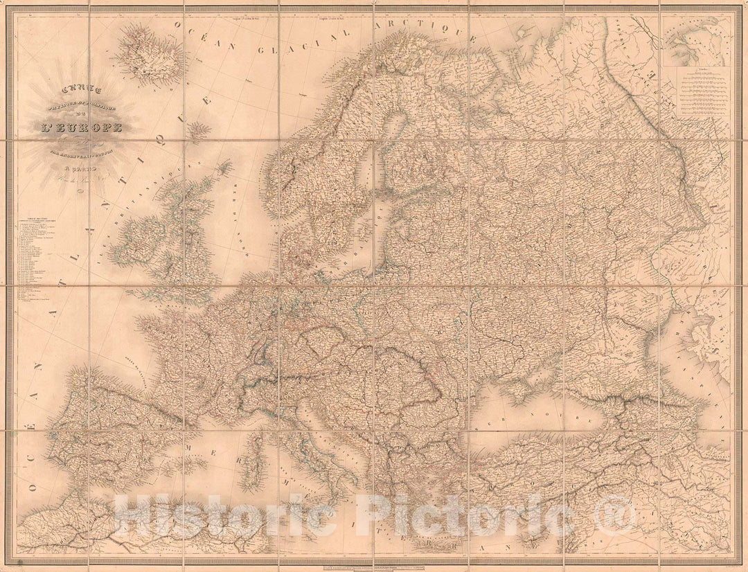 Historic Map : 1843 Carte Physique et Politique de L'Europe  : Vintage Wall Art