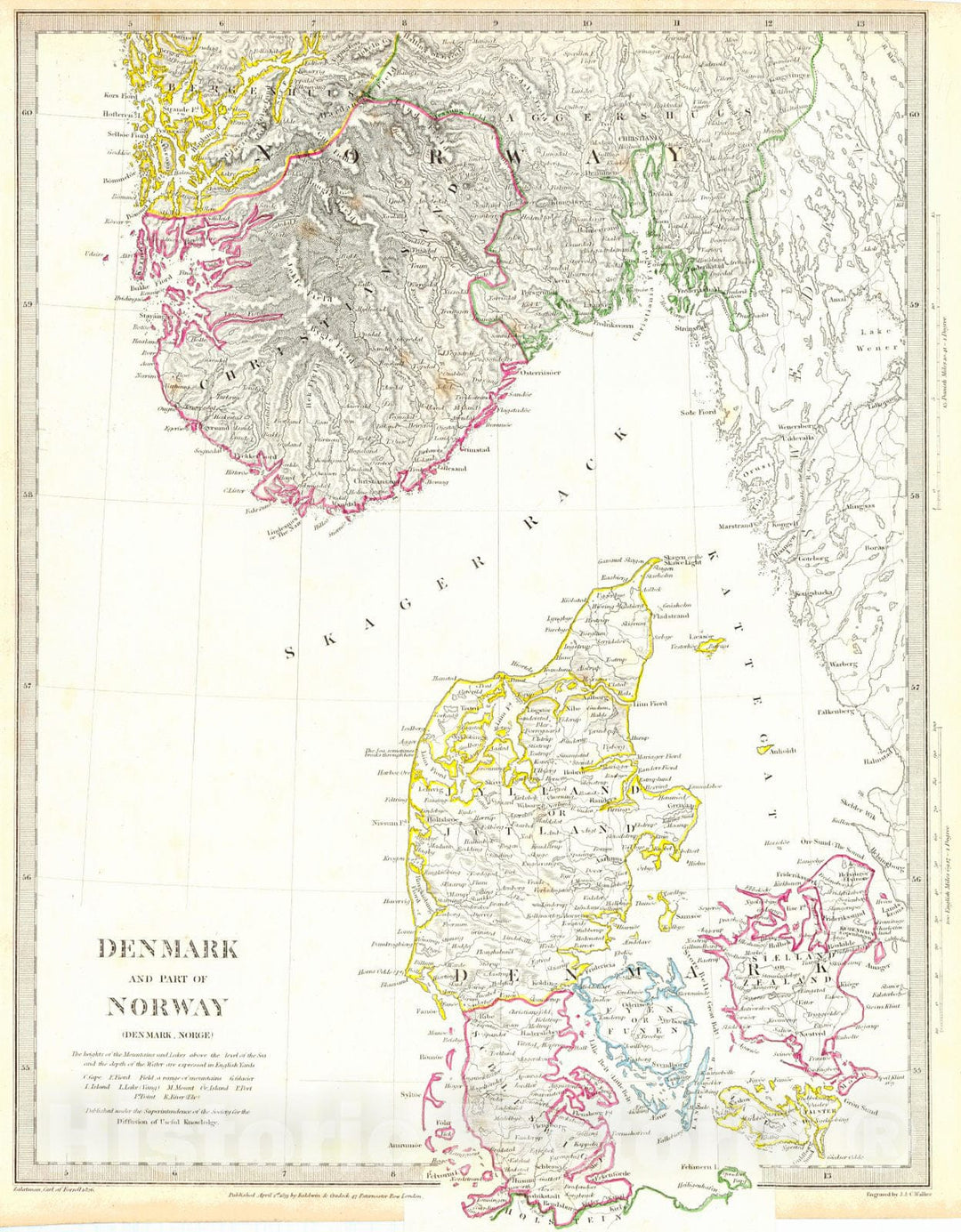 Historic Map : 1844 Denmark and Part of Norway : Vintage Wall Art