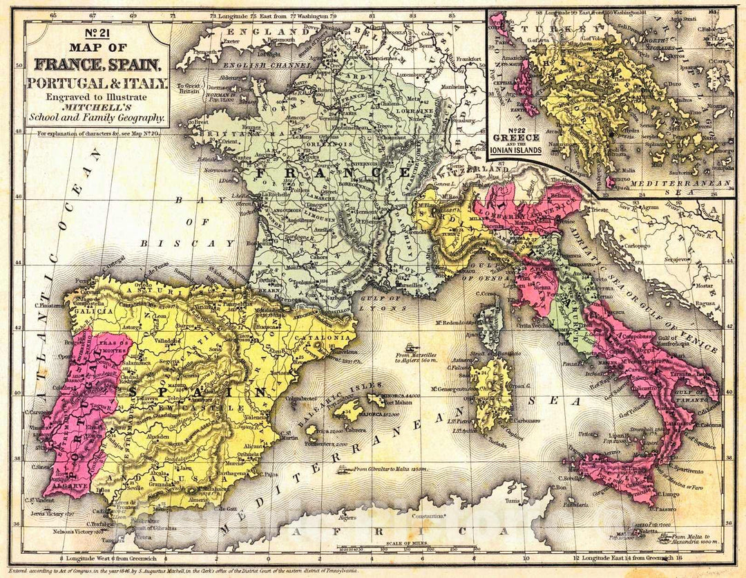 Historic Map : 1846 Map of France, Spain, Portual & Italy, engraved to illustrate Mitchell's School and Family Geography : Vintage Wall Art