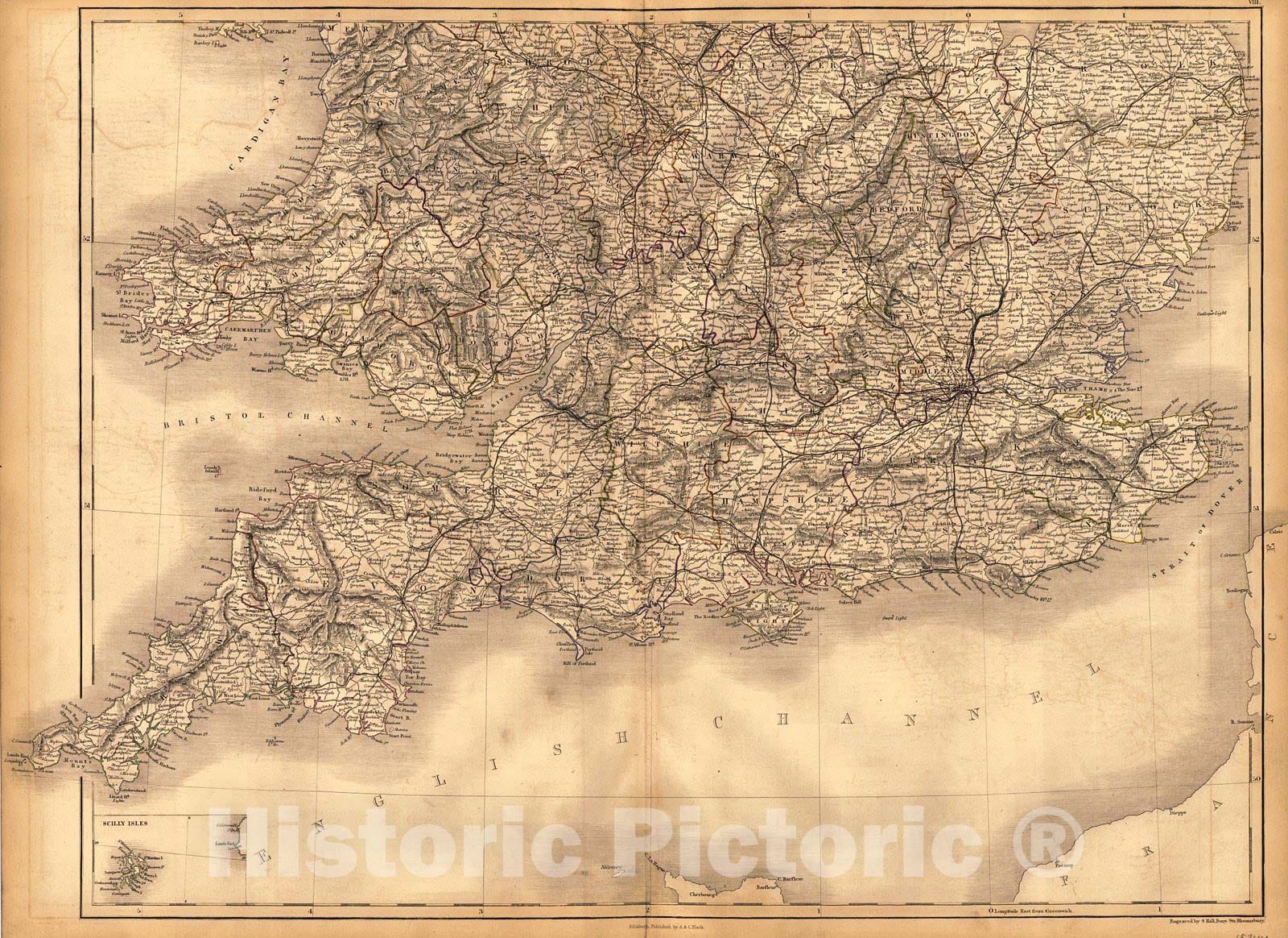 Historic Map : 1847 England and Wales (Southern Part) : Vintage Wall Art