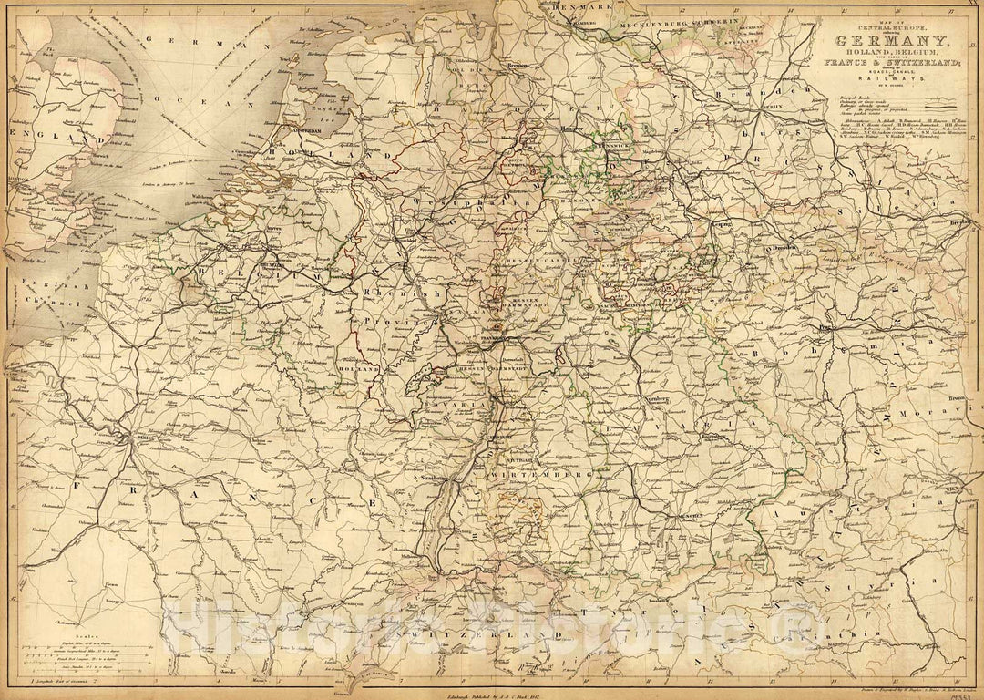 Historic Map : 1847 Map of Central Europe including Germany, Holland, Belgium, with parts of France and Switzerland : Vintage Wall Art